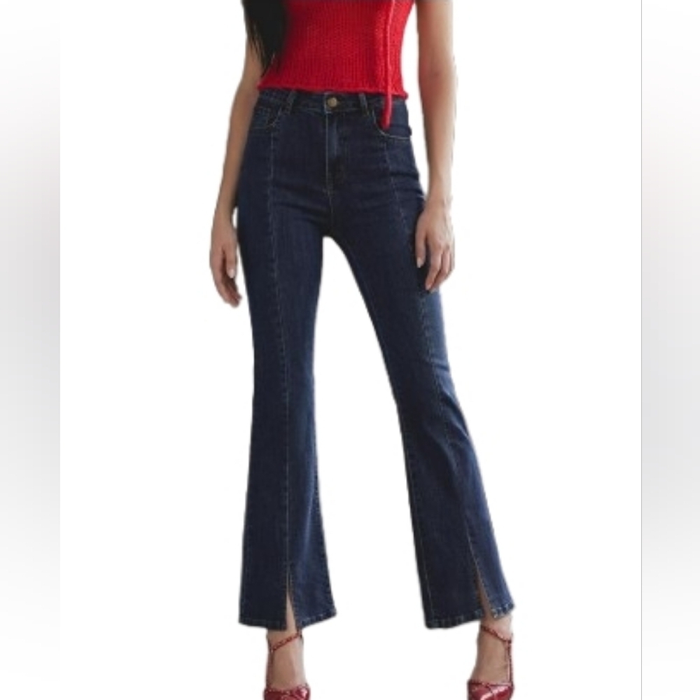 Cider Denim High Waist Flared Jeans Front Slits Size XL Stretchy Raw/Frayed Hem
